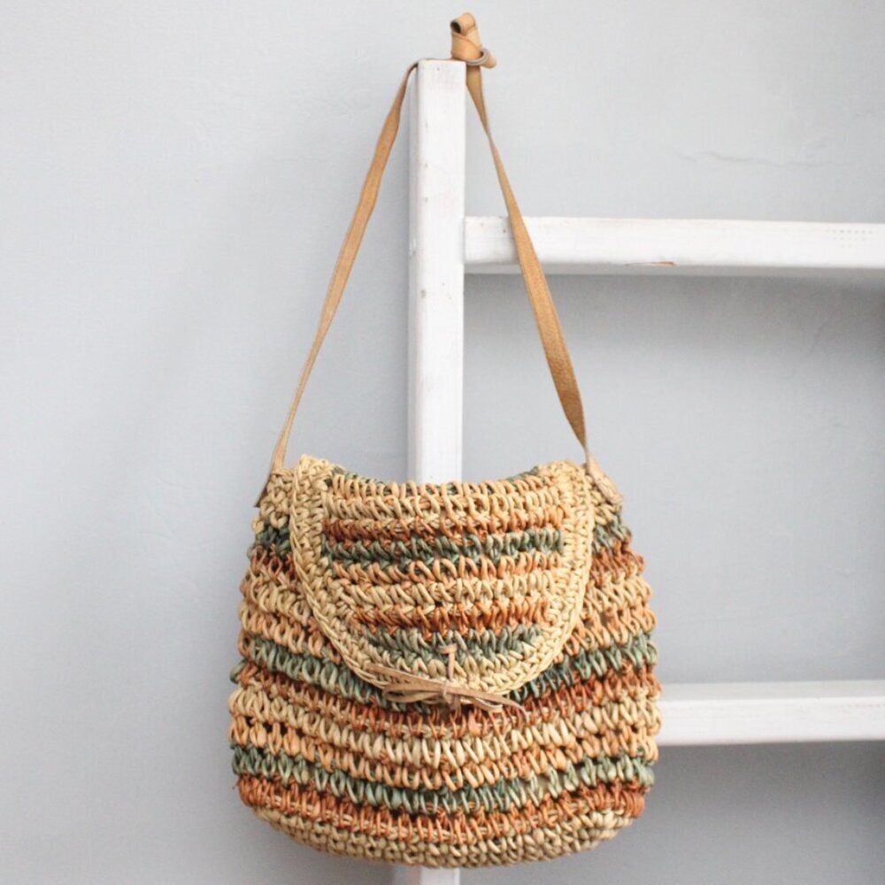 Vintage Crochet Cornhusk Leather Strap Large Striped Green Brown Satchel Purse